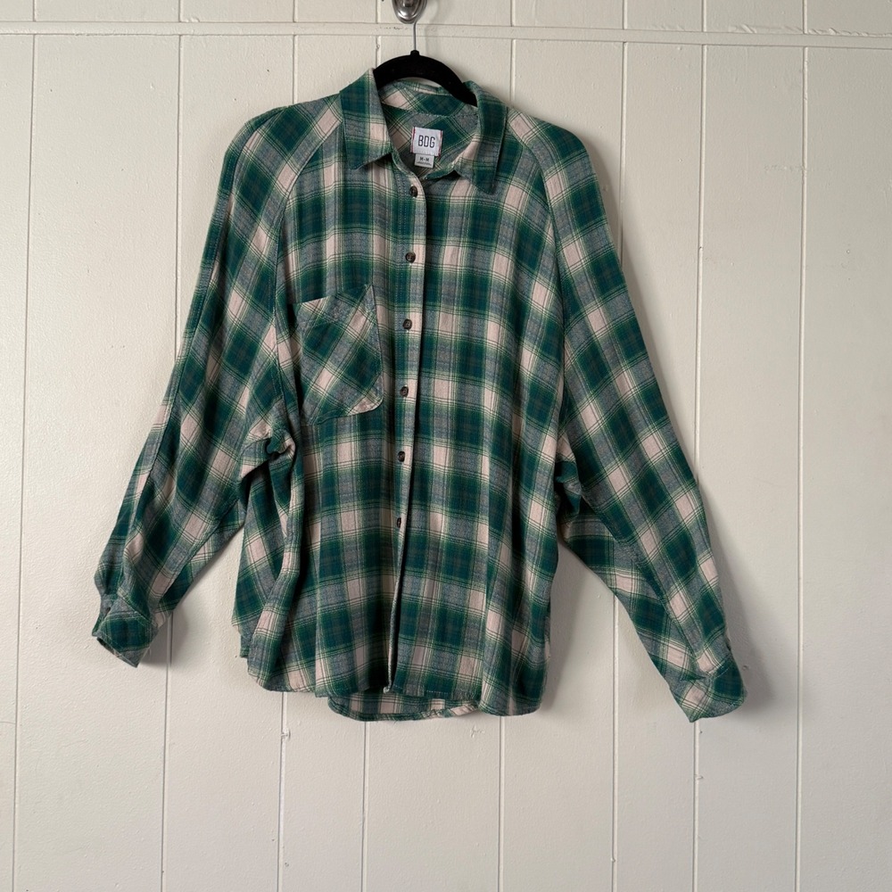 BDG Womens Green Plaid Flannel‎ Button Down Shirt Size M Oversized Grunge Skater